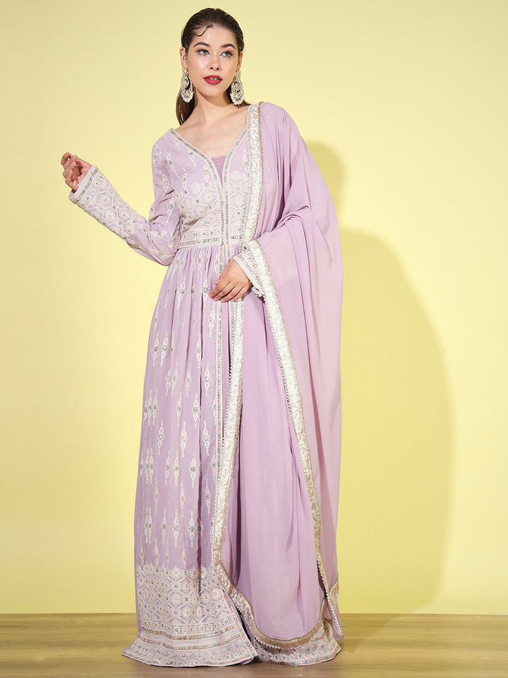 Lavender Resham Chikankari Embroidered Front Slit Georgette Dress