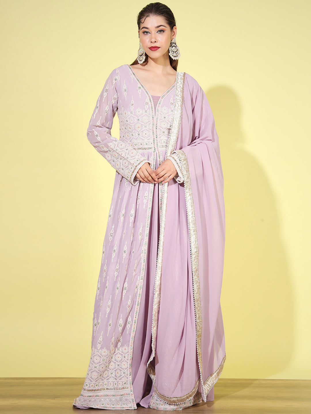 Lavender Resham Chikankari Embroidered Front Slit Georgette Dress