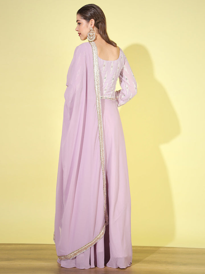 Lavender Resham Chikankari Embroidered Front Slit Georgette Dress