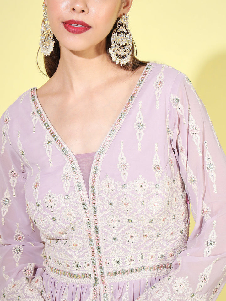 Lavender Resham Chikankari Embroidered Front Slit Georgette Dress