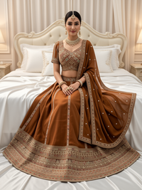 Rust Brown Crepe Lehenga Choli with Heavy Resham & Zari Embroidered Blouse, Tassel Hem & Embroidered Border
