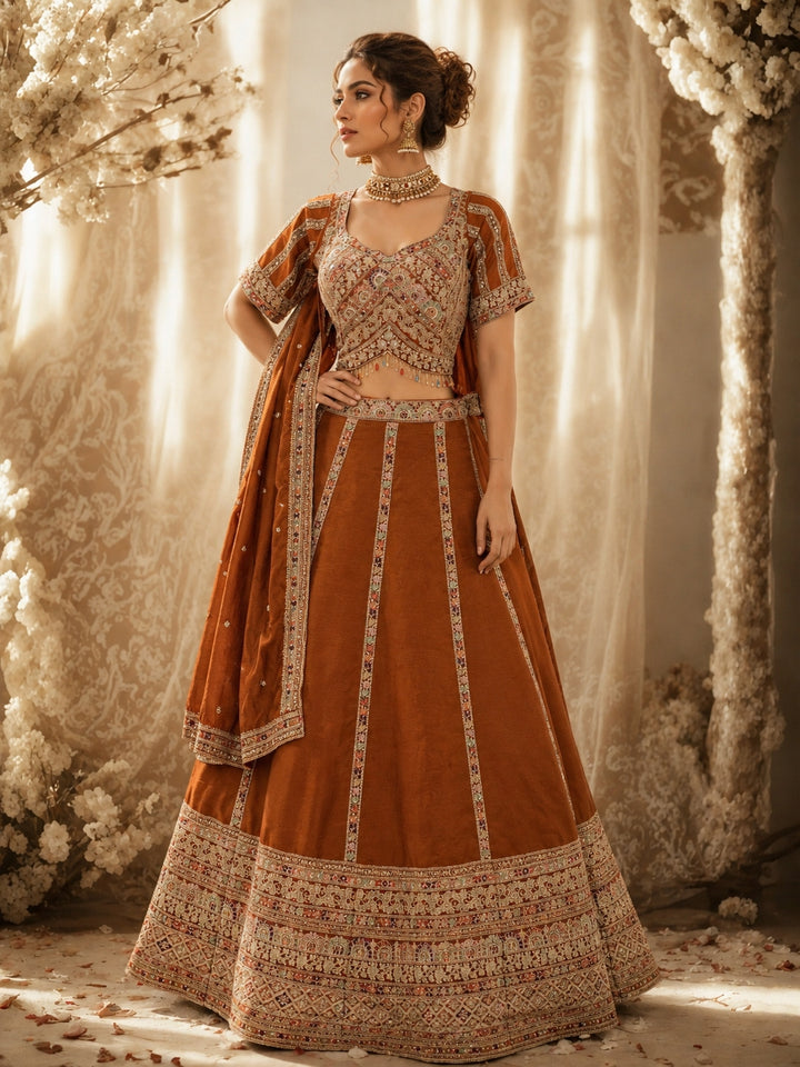 Rust Brown Crepe Lehenga Choli with Heavy Resham & Zari Embroidered Blouse, Tassel Hem & Embroidered Border
