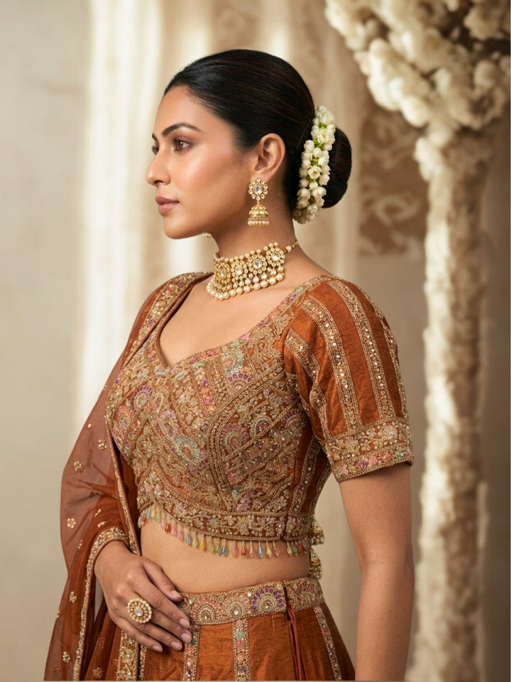 Rust Brown Crepe Lehenga Choli with Heavy Resham & Zari Embroidered Blouse, Tassel Hem & Embroidered Border