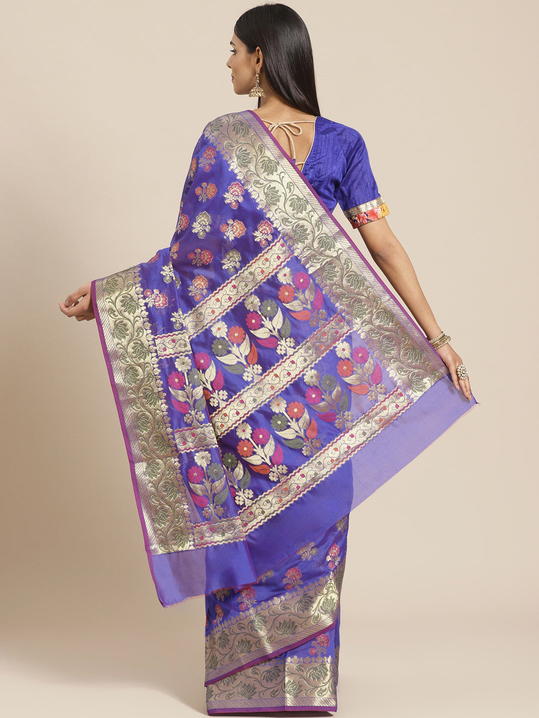 Chanderi Saree with Gold Zari & Resham Floral Meenakari Motifs & Lotus pattern in border