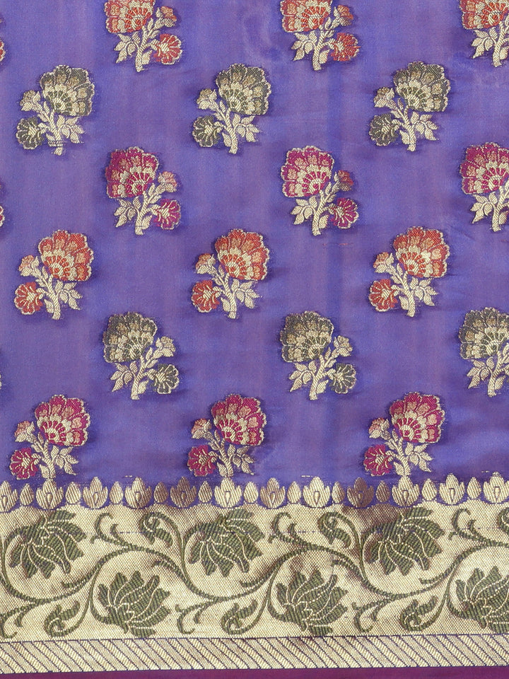 Chanderi Saree with Gold Zari & Resham Floral Meenakari Motifs & Lotus pattern in border