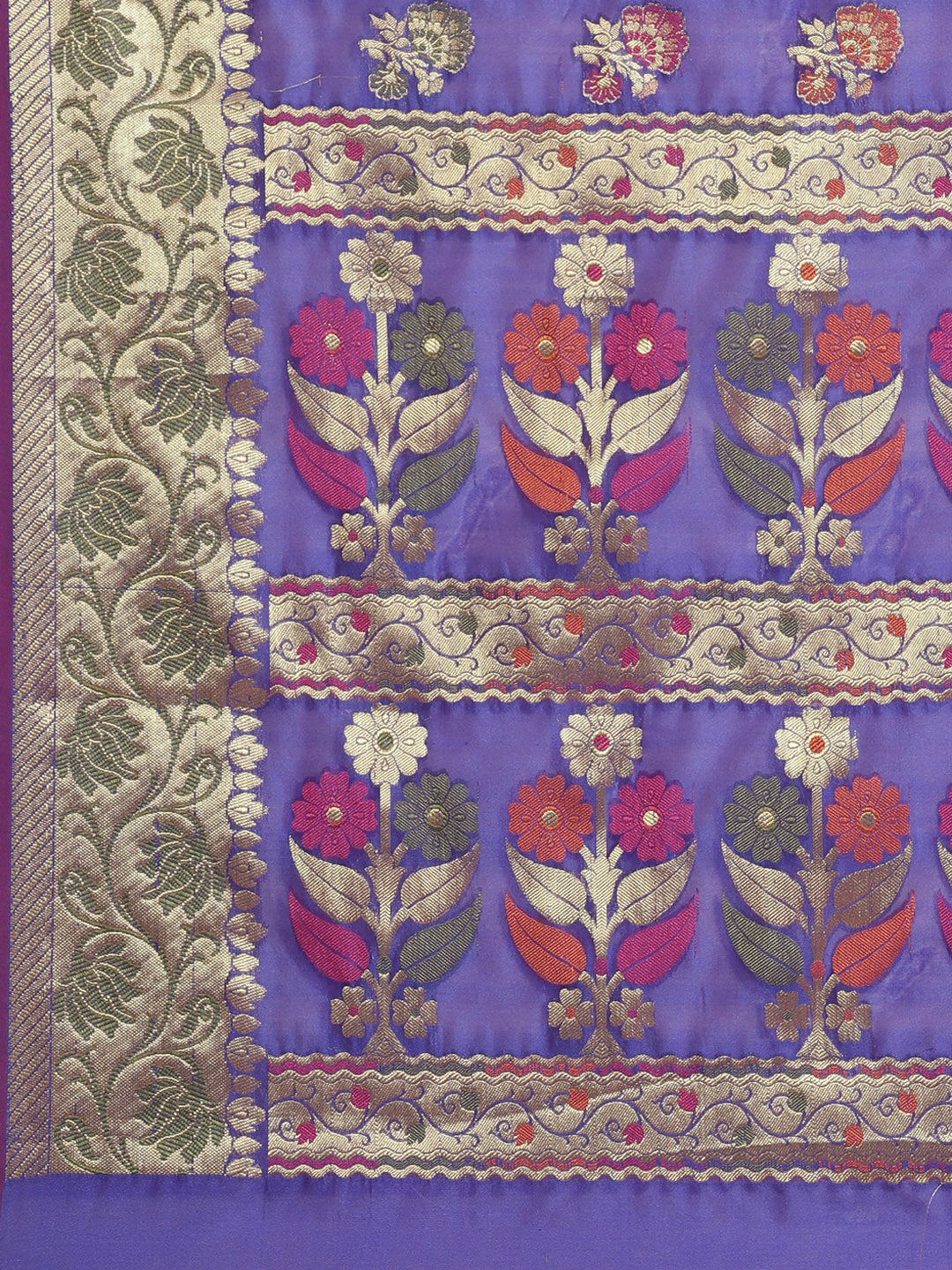 Chanderi Saree with Gold Zari & Resham Floral Meenakari Motifs & Lotus pattern in border