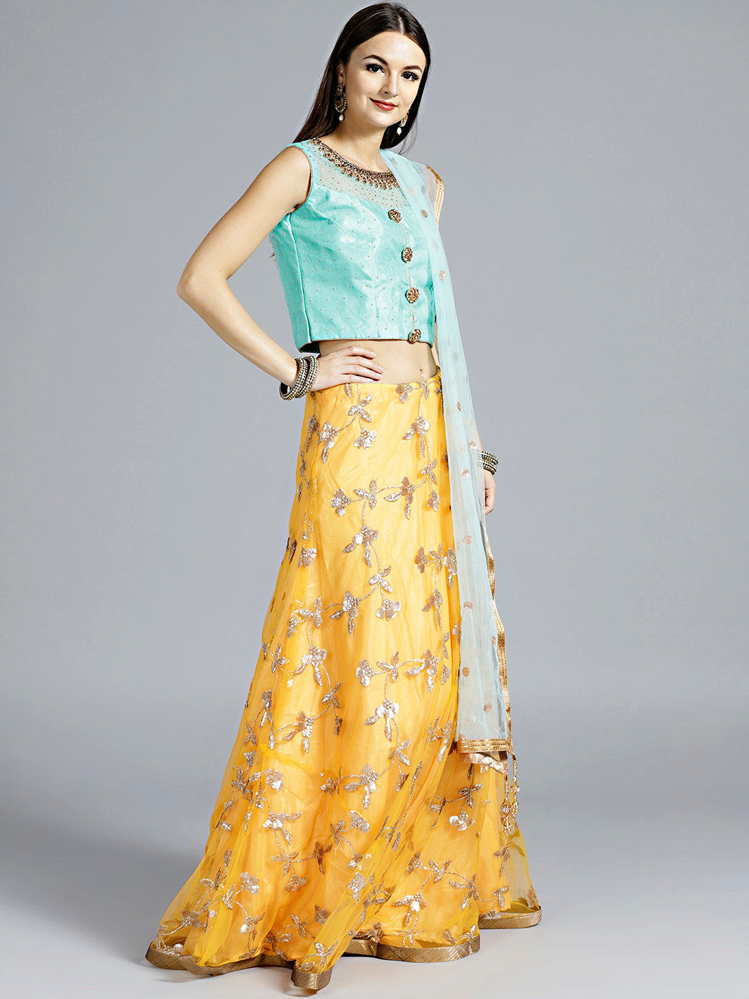 Sequin Embroidered Colorblocked Lehenga Crop Top Set