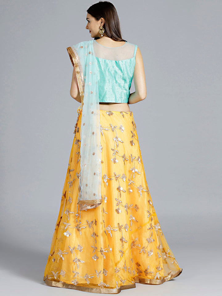Sequin Embroidered Colorblocked Lehenga Crop Top Set