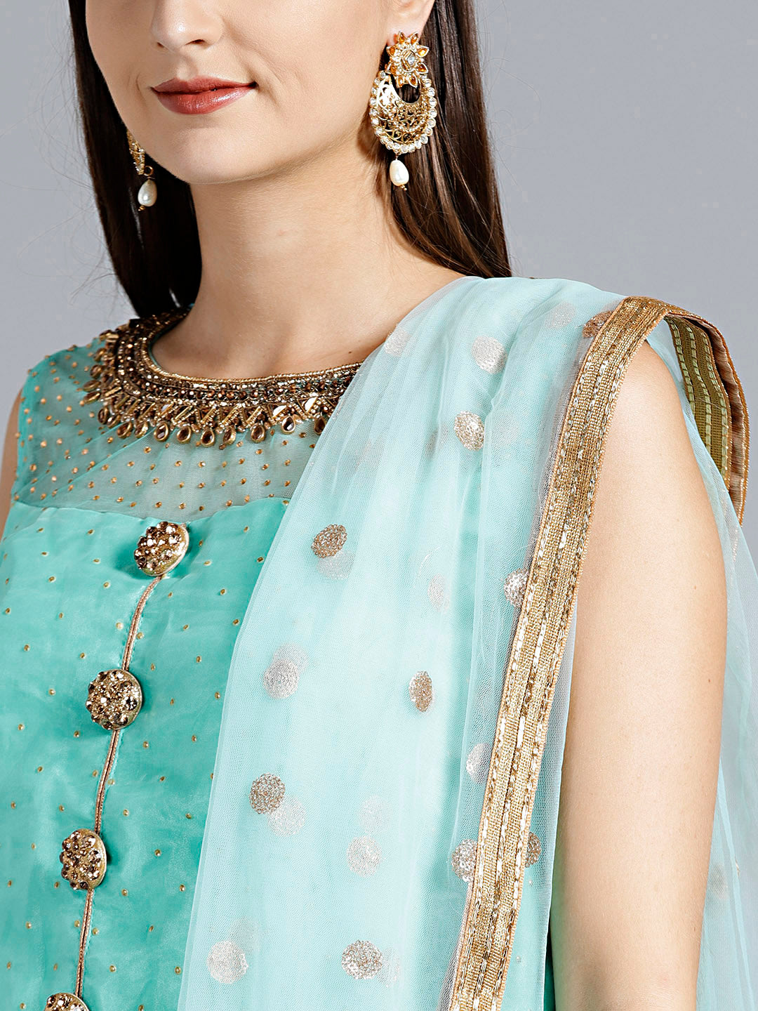 Sequin Embroidered Colorblocked Lehenga Crop Top Set