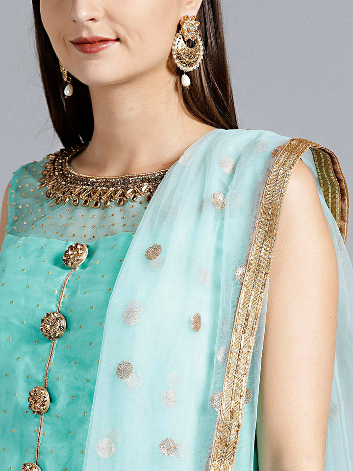Sequin Embroidered Colorblocked Lehenga Crop Top Set