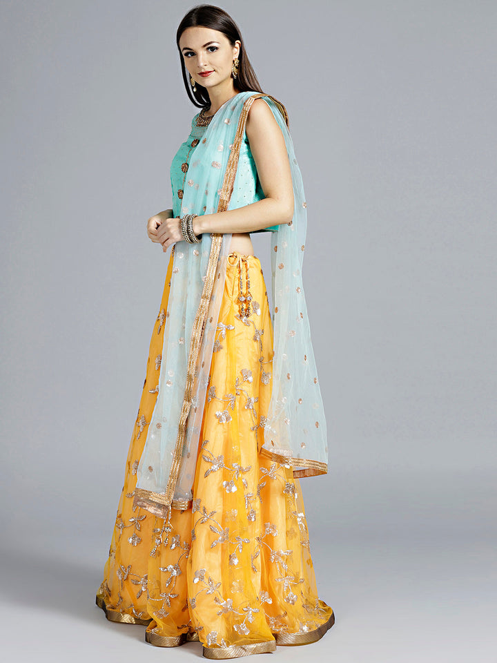Sequin Embroidered Colorblocked Lehenga Crop Top Set