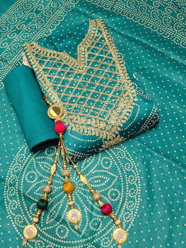 Chhabra 555 Bandhanl Print Dress Material with Zari Embroidered Neckline & Contrast Cream kurta