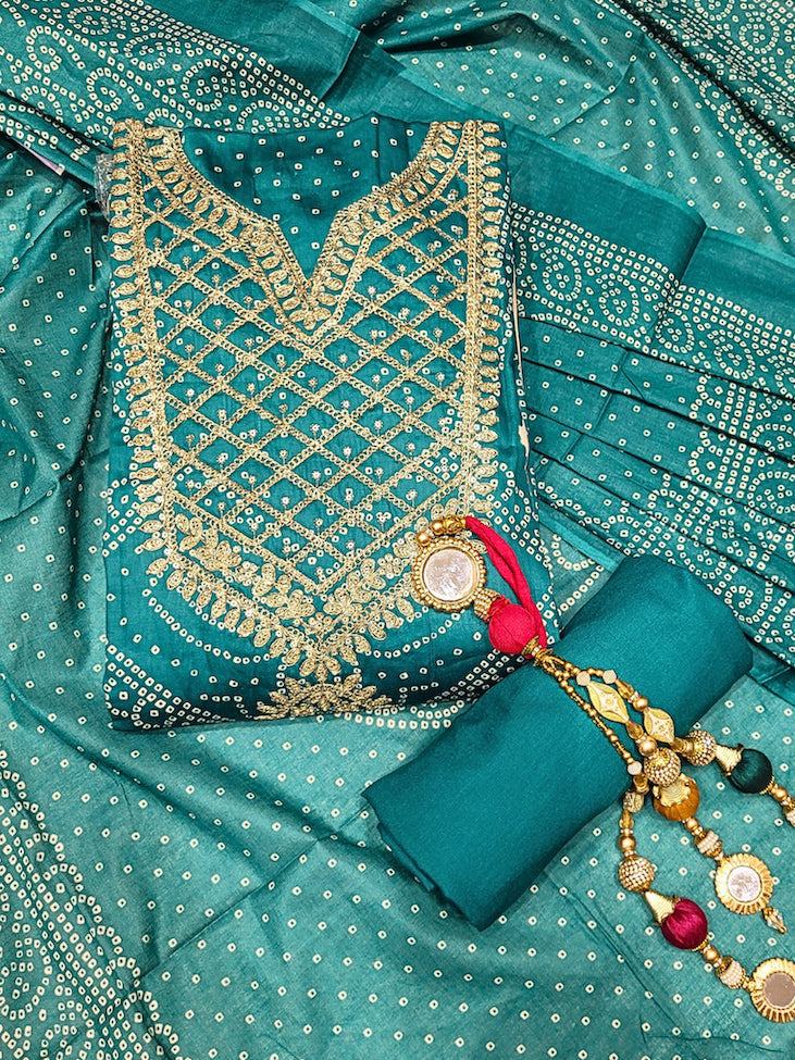 Bandhanl Print Dress Material with Zari Embroidered Neckline & Contrast Cream kurta
