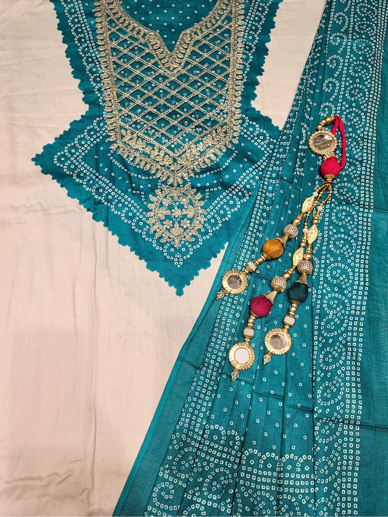 Bandhanl Print Dress Material with Zari Embroidered Neckline & Contrast Cream kurta