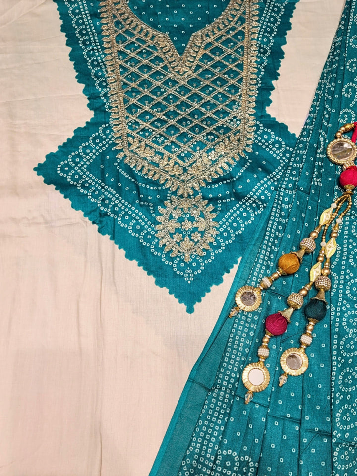Bandhanl Print Dress Material with Zari Embroidered Neckline & Contrast Cream kurta