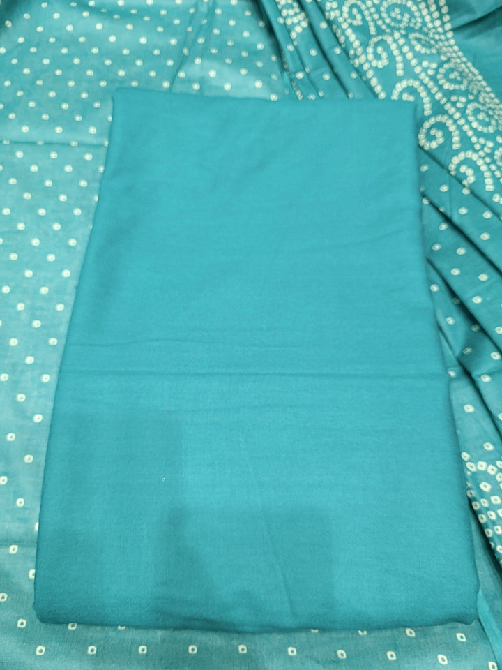 Bandhanl Print Dress Material with Zari Embroidered Neckline & Contrast Cream kurta