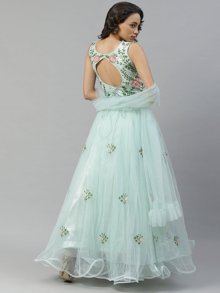 Pastel Blue Floral  Resham Embroidered Cocktail Net Gown With Frills & Net Dupatta