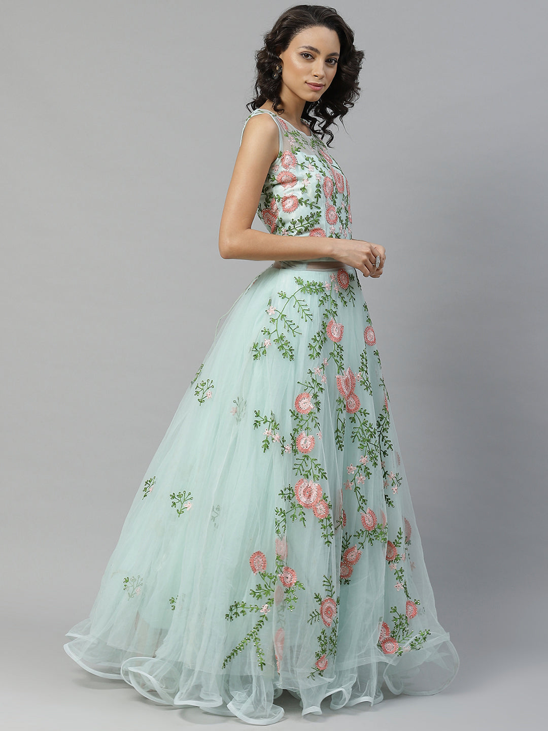 Pastel Blue Floral  Resham Embroidered Cocktail Net Gown With Frills & Net Dupatta