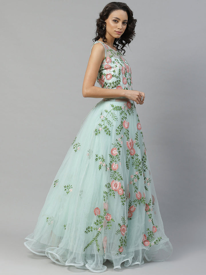 Pastel Blue Floral  Resham Embroidered Cocktail Net Gown With Frills & Net Dupatta