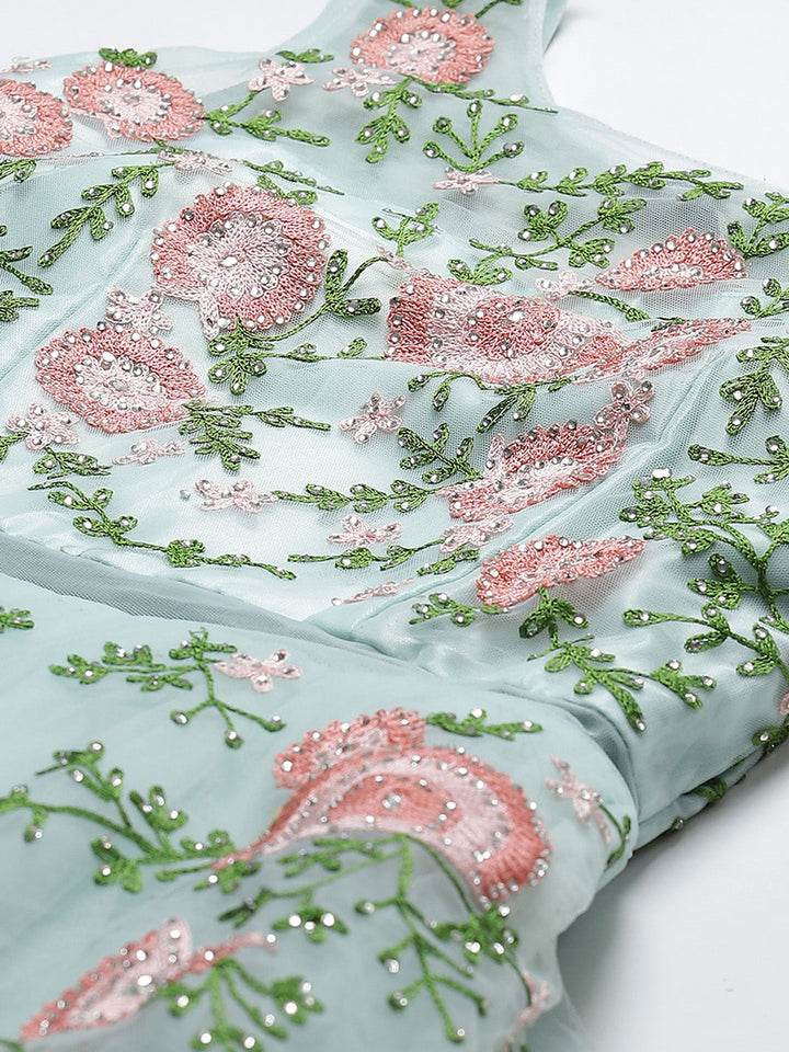 Pastel Blue Floral  Resham Embroidered Cocktail Net Gown With Frills & Net Dupatta