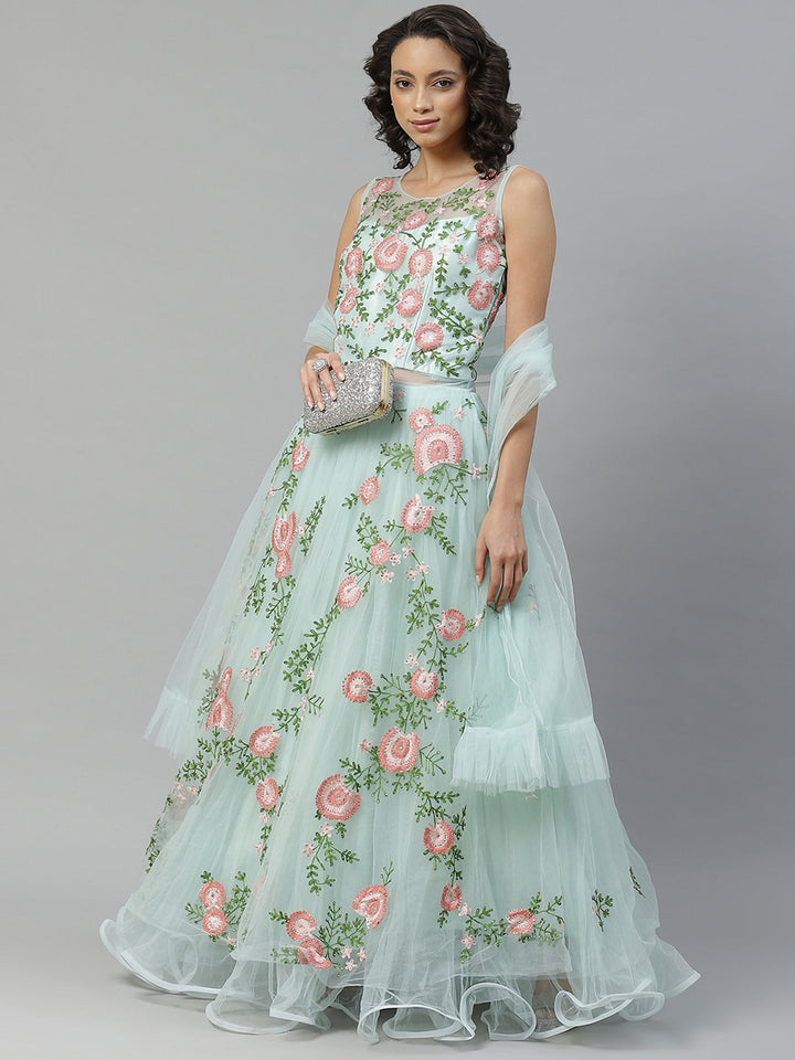 Pastel Blue Floral  Resham Embroidered Cocktail Net Gown With Frills & Net Dupatta