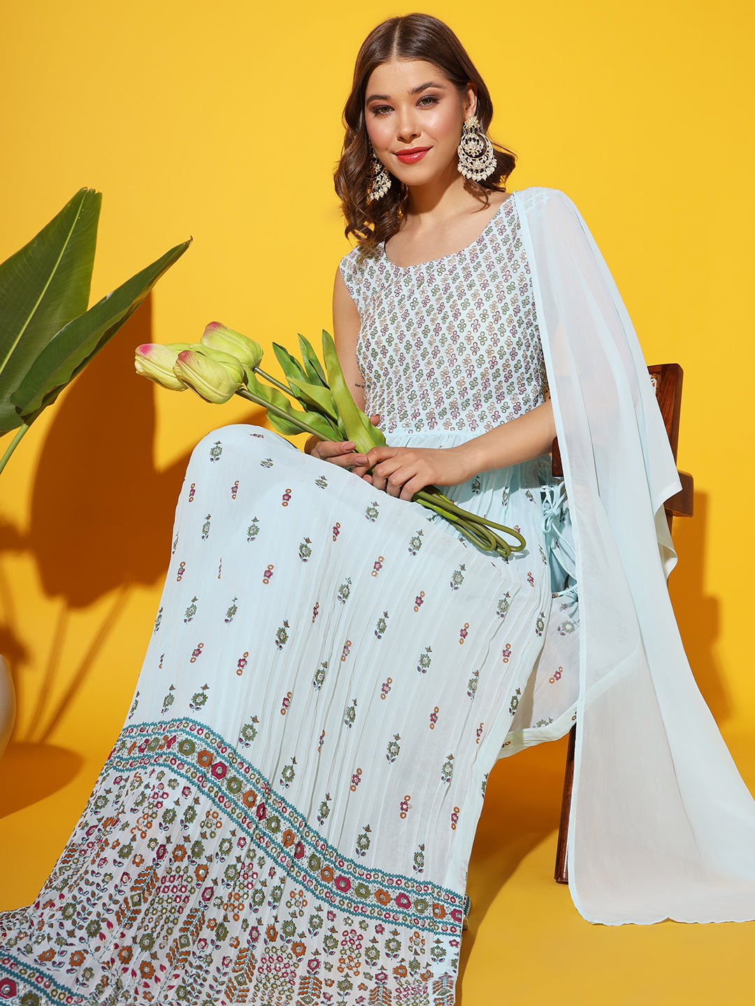 Turquoise Block Printed Nyraa Style High Slit Kurta Set