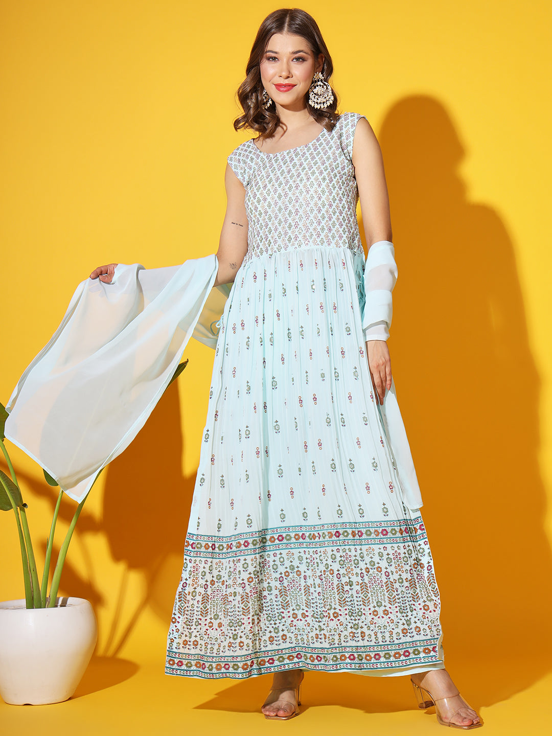 Turquoise Block Printed Nyraa Style High Slit Kurta Set