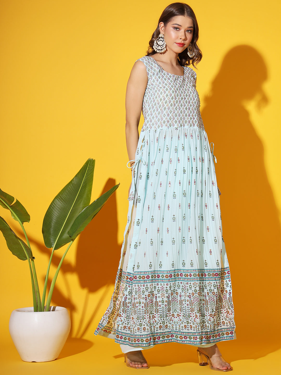 Turquoise Block Printed Nyraa Style High Slit Kurta Set