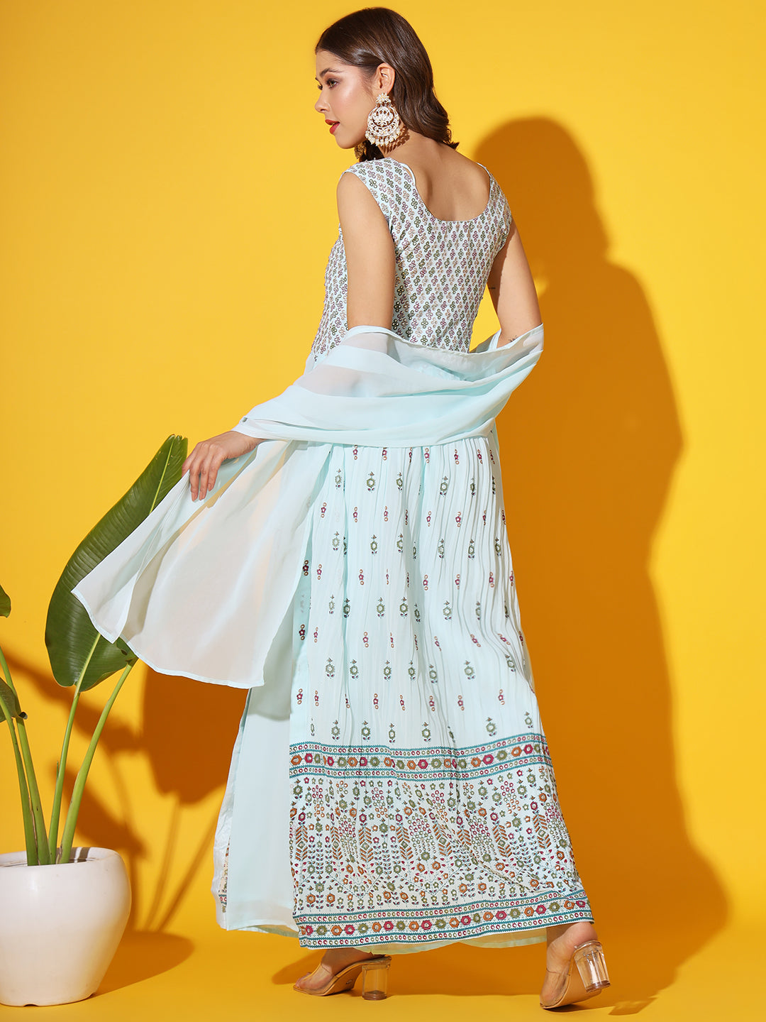 Turquoise Block Printed Nyraa Style High Slit Kurta Set