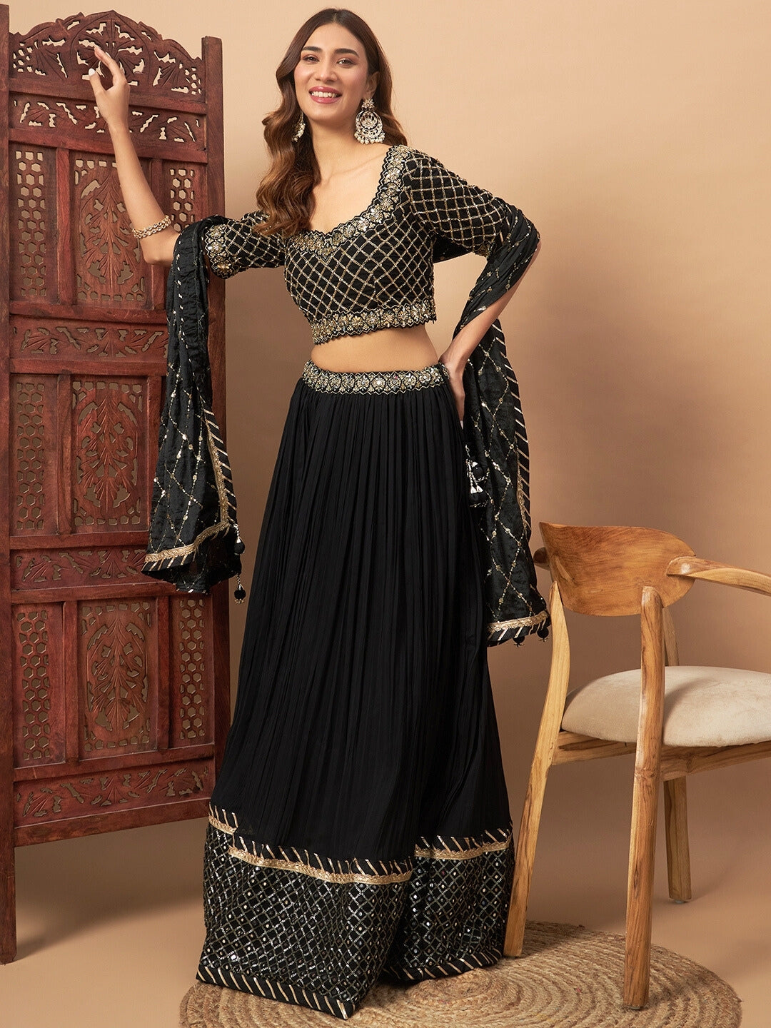 Black Mirror Embellished Flared Lehenga Set & Sequin Embroidered Chinon Dupatta