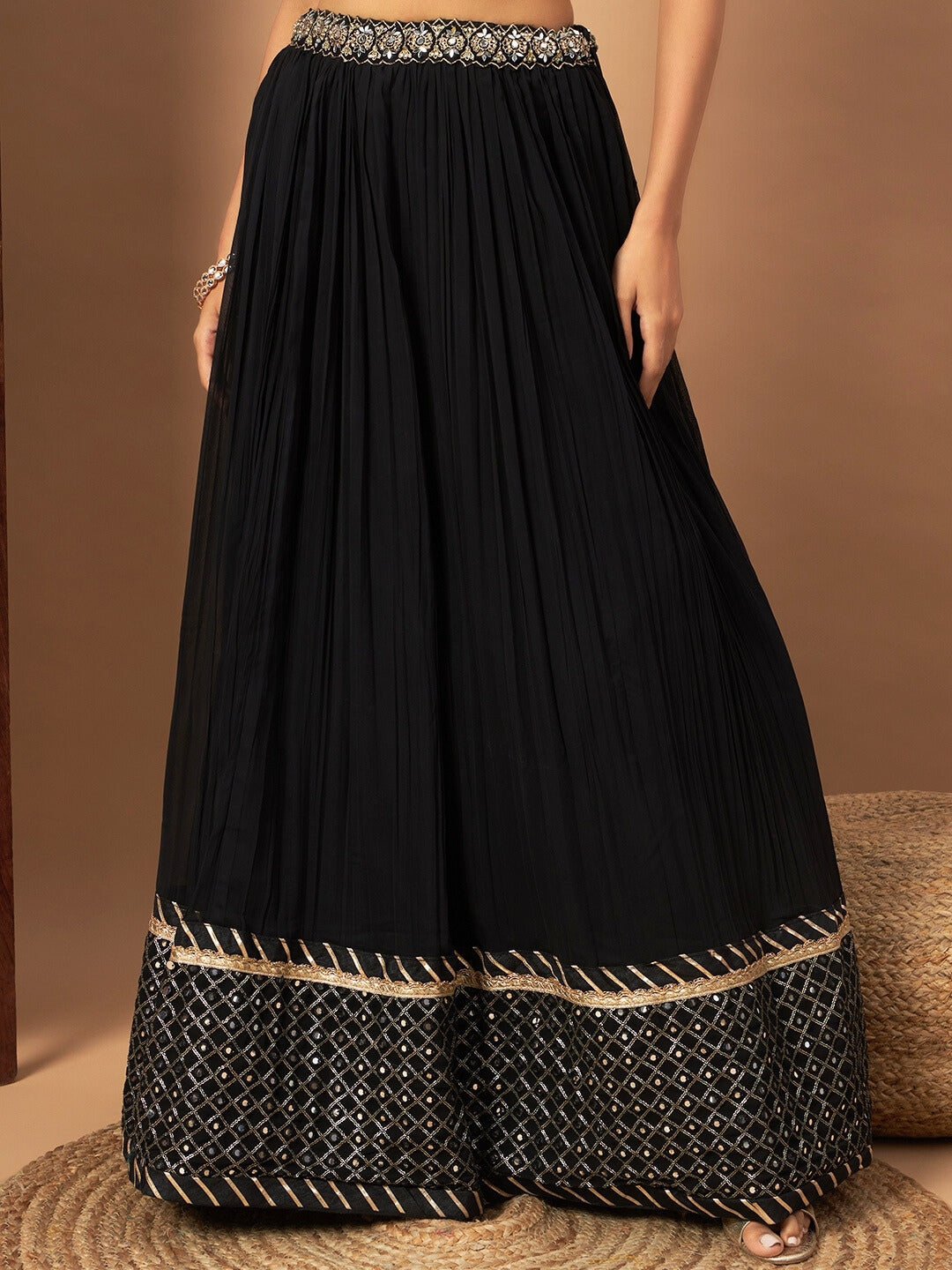 Black Mirror Embellished Flared Lehenga Set & Sequin Embroidered Chinon Dupatta
