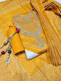 Chhabra 555 Bandhanl Print Dress Material with Zari Embroidered Neckline & Contrast Cream kurta