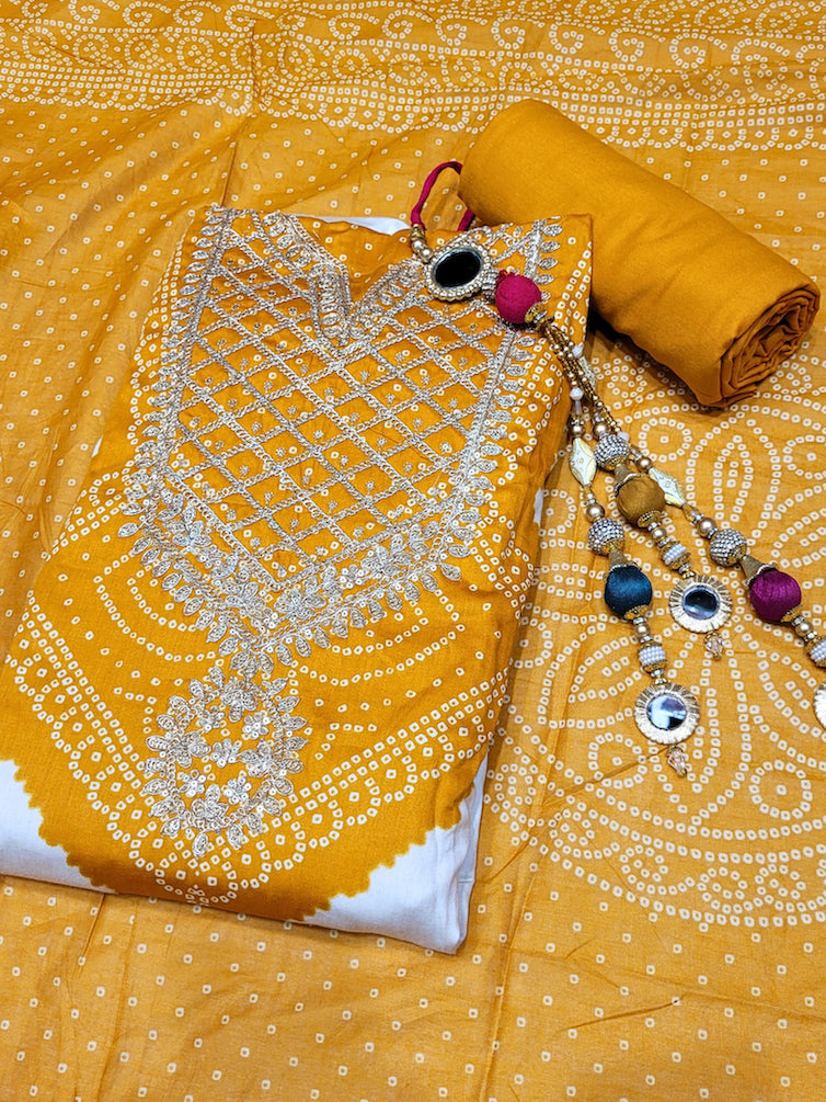 Bandhanl Print Dress Material with Zari Embroidered Neckline & Contrast Cream kurta
