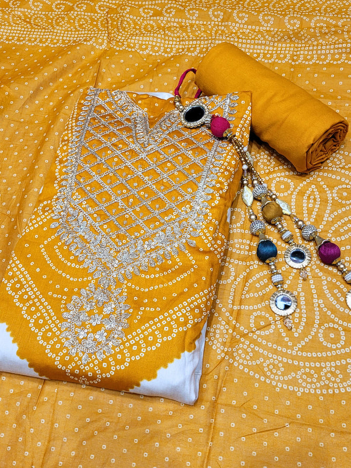 Bandhanl Print Dress Material with Zari Embroidered Neckline & Contrast Cream kurta