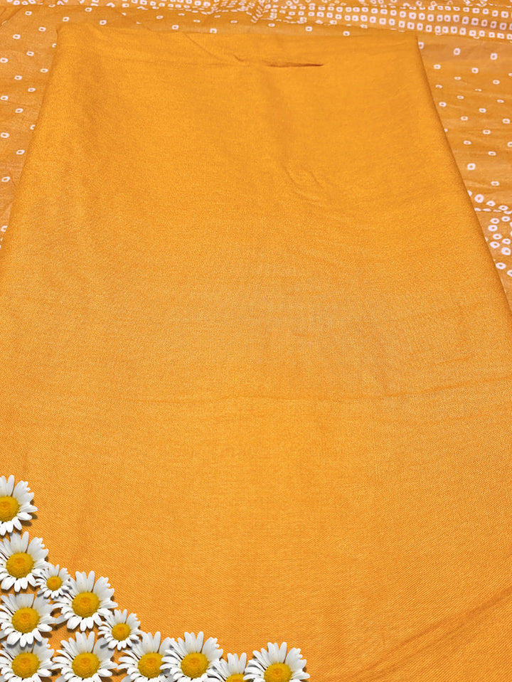 Bandhanl Print Dress Material with Zari Embroidered Neckline & Contrast Cream kurta