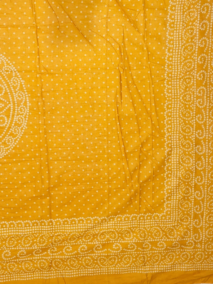 Bandhanl Print Dress Material with Zari Embroidered Neckline & Contrast Cream kurta