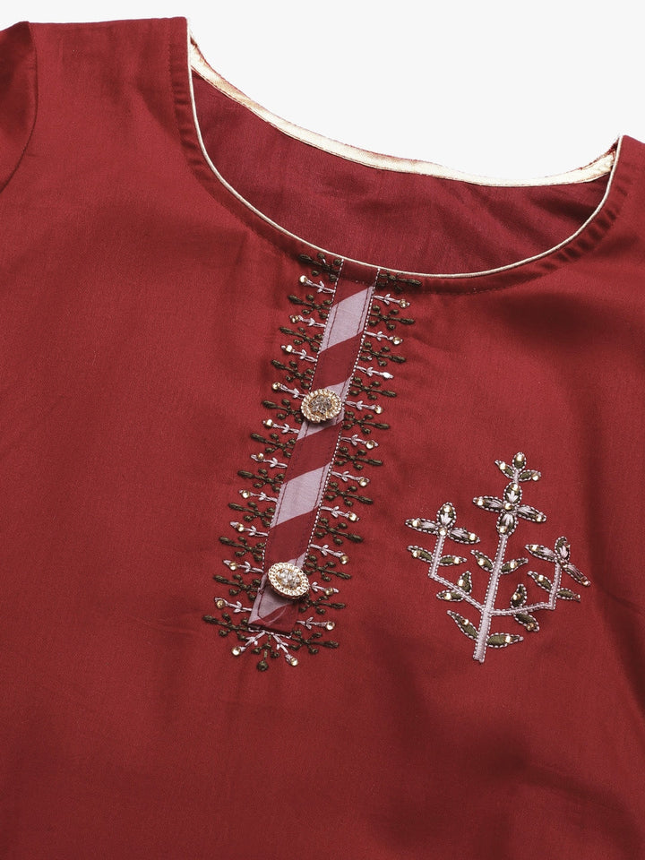 Maroon Cotton Unstitched Embellished Suit Set with Leheriya Stripe Print Dupatta