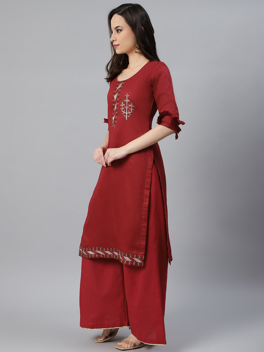 Maroon Cotton Unstitched Embellished Suit Set with Leheriya Stripe Print Dupatta