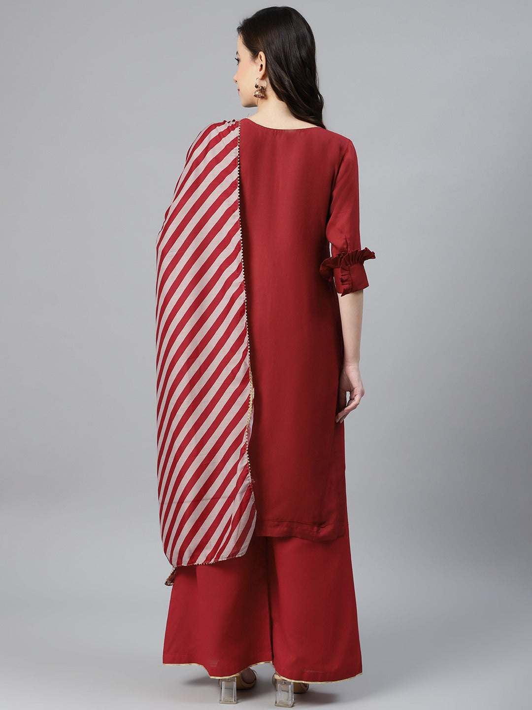 Maroon Cotton Unstitched Embellished Suit Set with Leheriya Stripe Print Dupatta