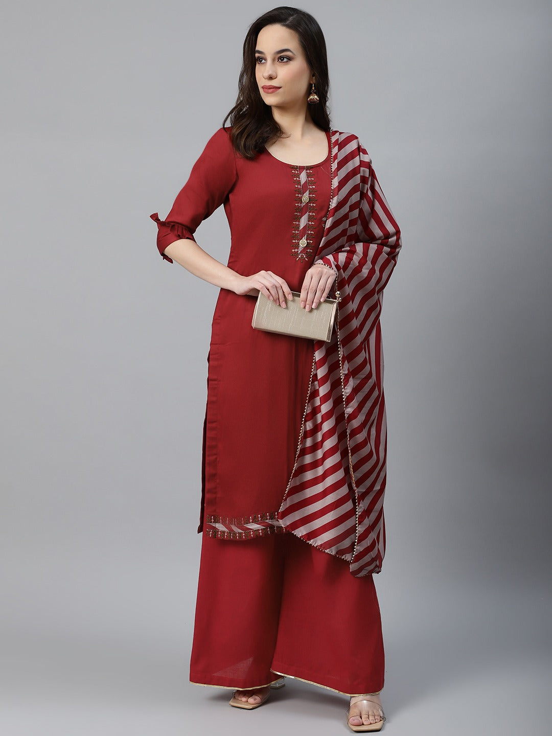 Maroon Cotton Unstitched Embellished Suit Set with Leheriya Stripe Print Dupatta