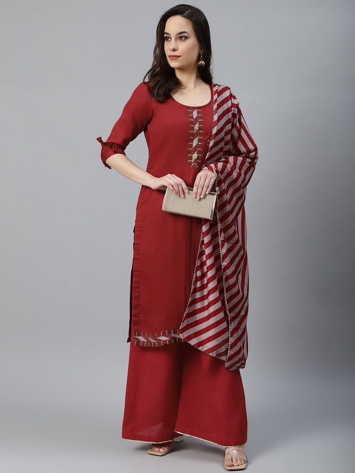 Maroon Cotton Unstitched Embellished Suit Set with Leheriya Stripe Print Dupatta