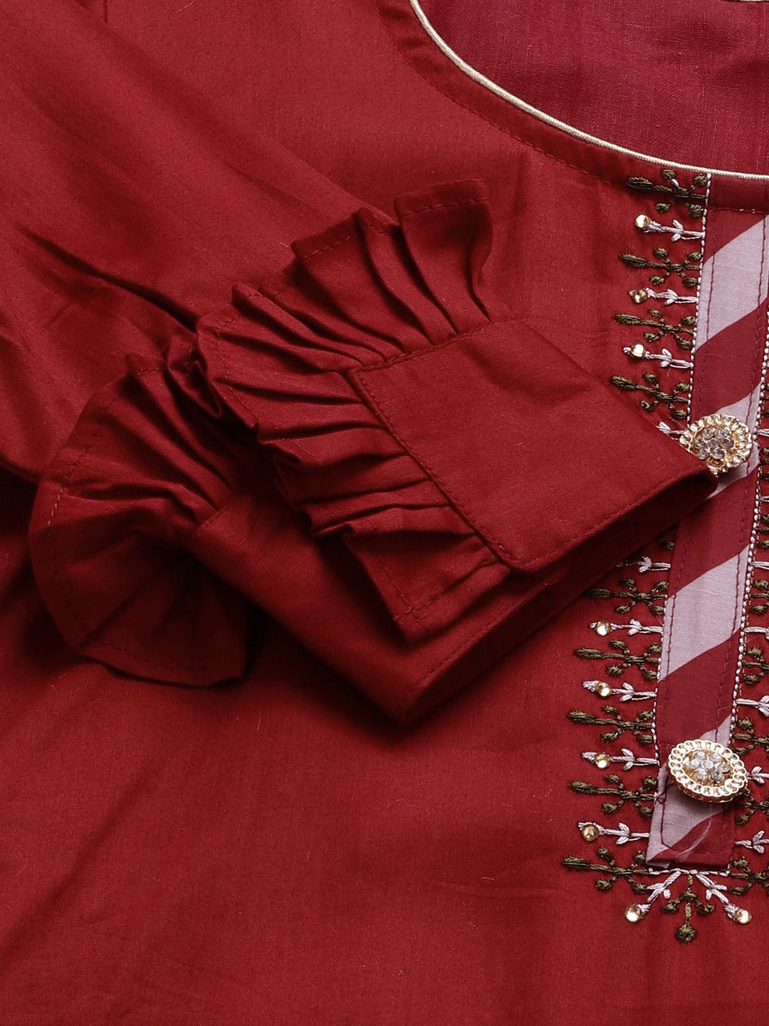 Maroon Cotton Unstitched Embellished Suit Set with Leheriya Stripe Print Dupatta