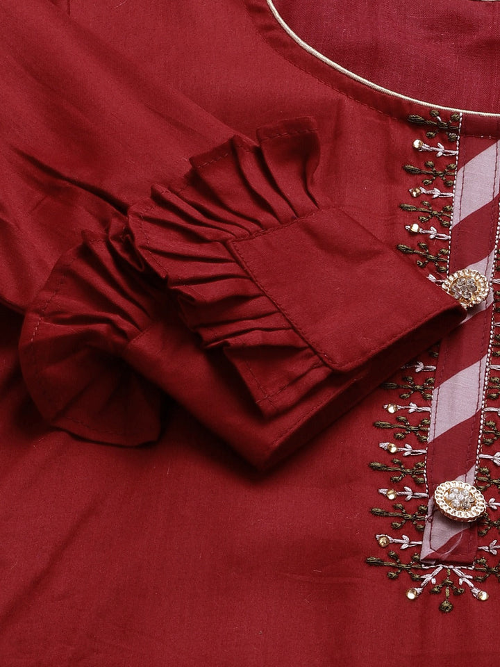 Maroon Cotton Unstitched Embellished Suit Set with Leheriya Stripe Print Dupatta