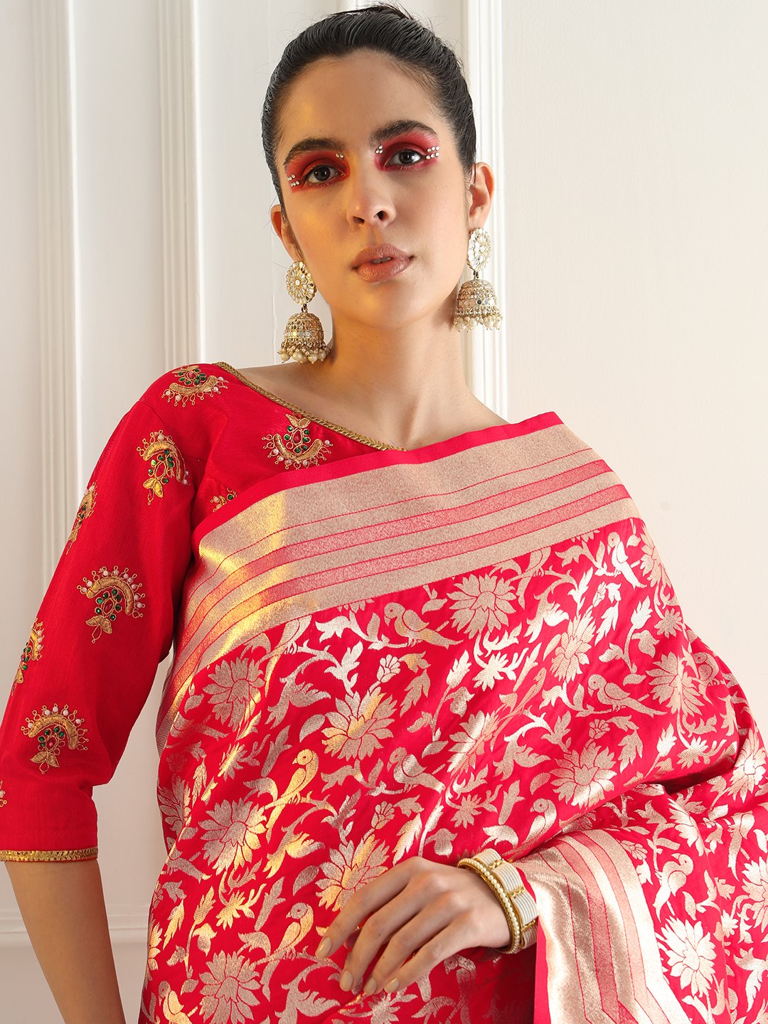 Bright Traditional Banarasi Saree with Bold Zari Peacock Motifs