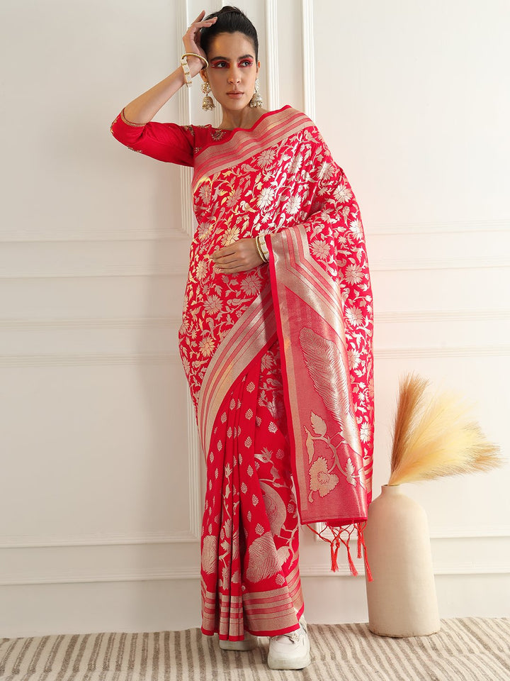 Bright Traditional Banarasi Saree with Bold Zari Peacock Motifs