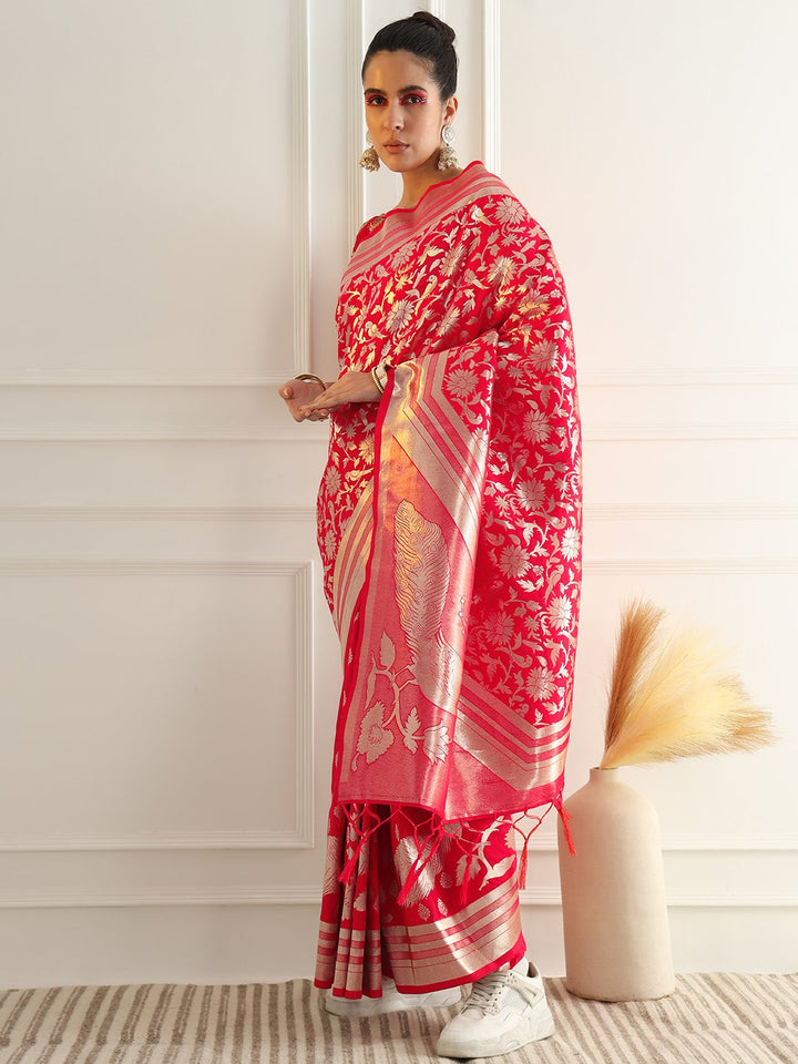 Bright Traditional Banarasi Saree with Bold Zari Peacock Motifs
