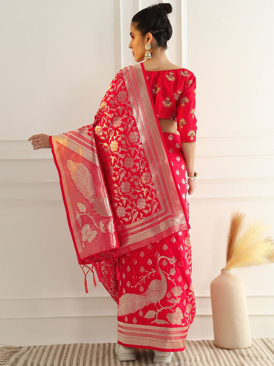 Bright Traditional Banarasi Saree with Bold Zari Peacock Motifs