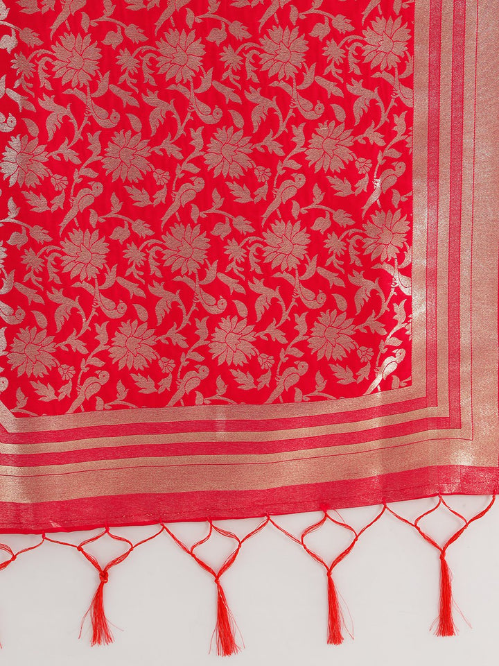 Bright Traditional Banarasi Saree with Bold Zari Peacock Motifs