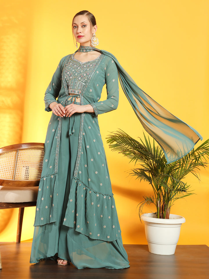 Sea Green Georgette Indo Western Set & Pleated Long Jacket