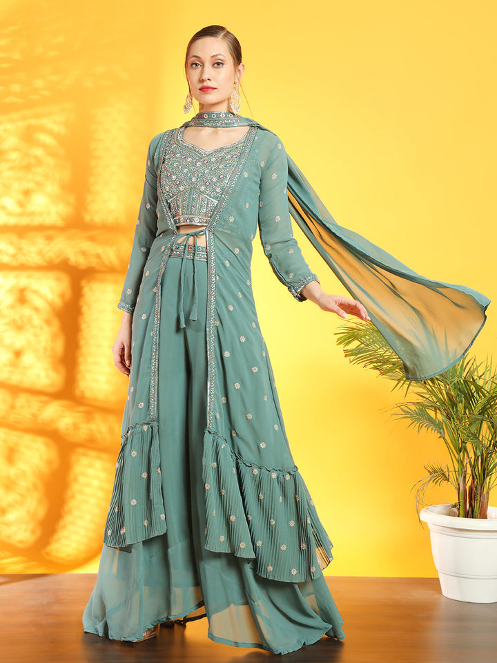 Sea Green Georgette Indo Western Set & Pleated Long Jacket